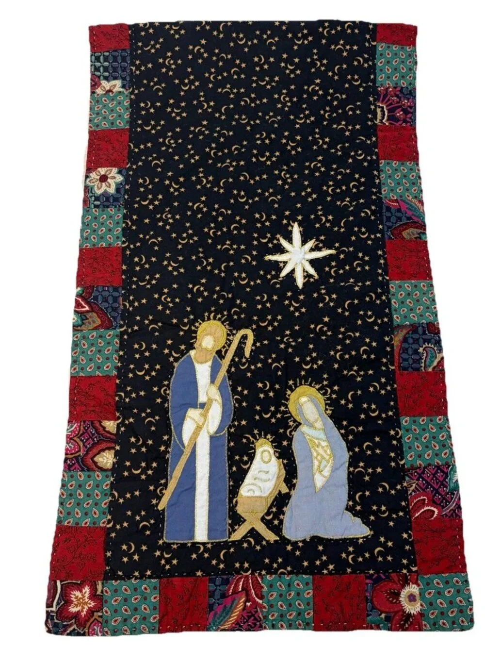 Christmas Nativity Quilted Patchwork Table Runner Celestial Moon Stars 15 x 52”